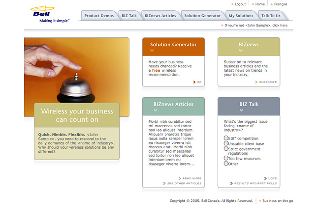 A screen capture of the Bell Mobility BIZ Talk website